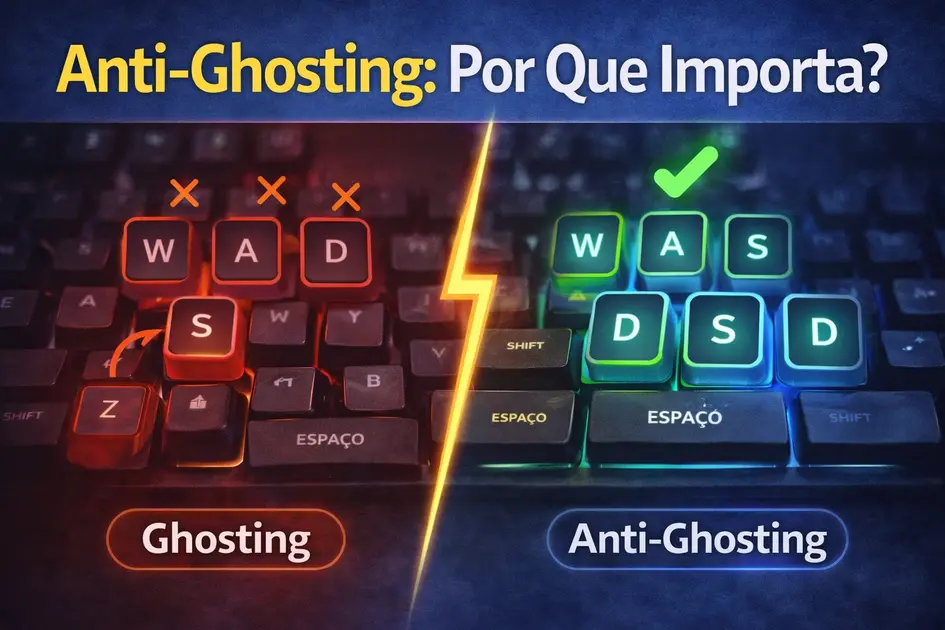comparação entre ghosting e anti ghosting no teclado mostrando teclas falhando e funcionando ao mesmo tempo