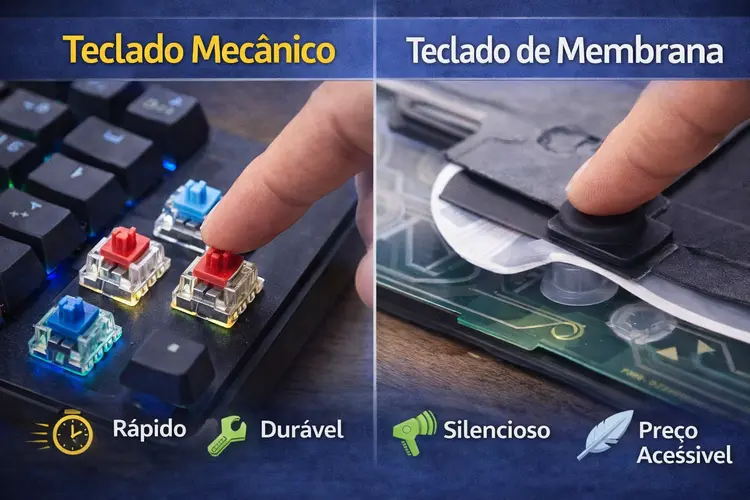 diferença interna entre teclado mecânico e teclado de membrana mostrando switch e camada de borracha