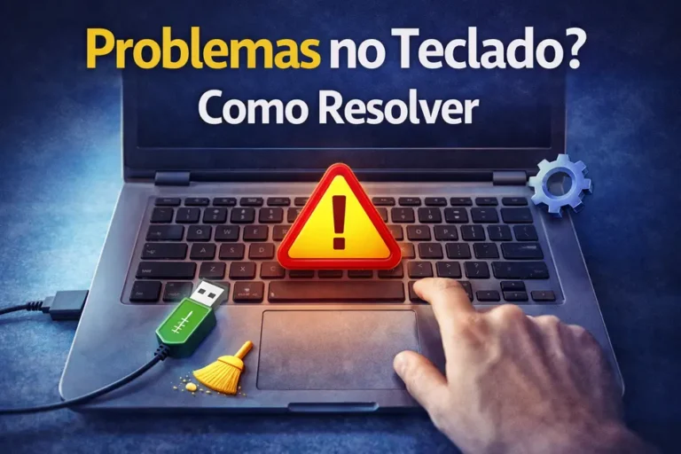 teclado de notebook com aviso de erro e ícones mostrando conexão, limpeza e configurações para resolver problemas