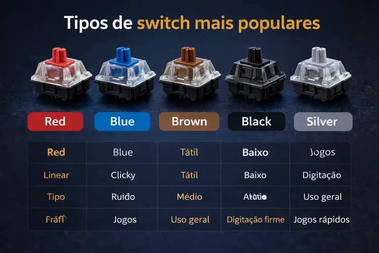 switches teclado mecânico red blue brown black silver comparação