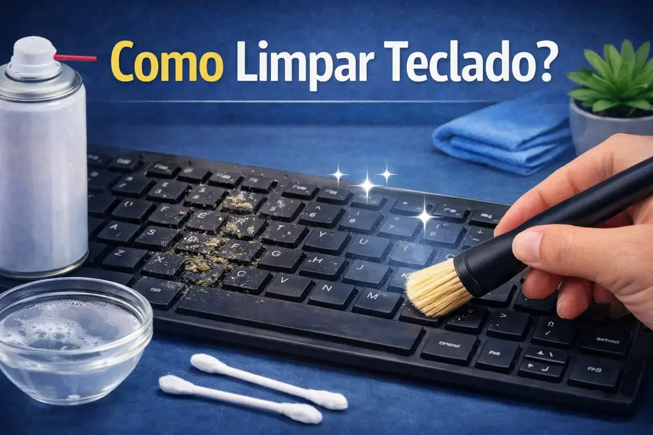 como limpar teclado de computador com escova e produtos de limpeza removendo sujeira das teclas