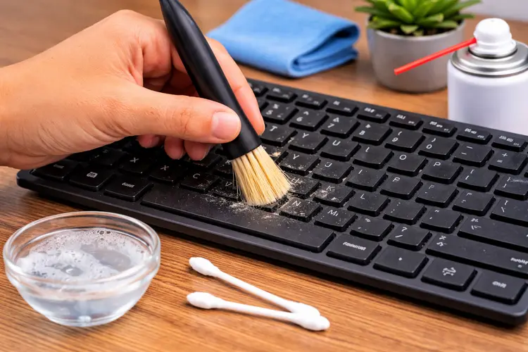 remoção de sujeira entre teclas do teclado usando escova macia