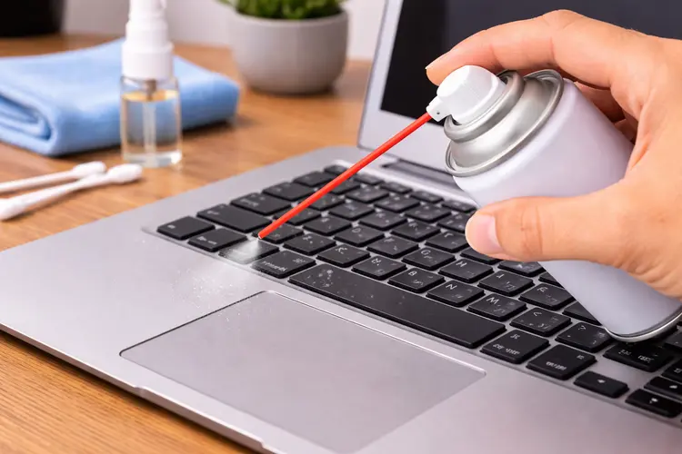 limpeza de teclado de notebook usando ar comprimido para remover poeira