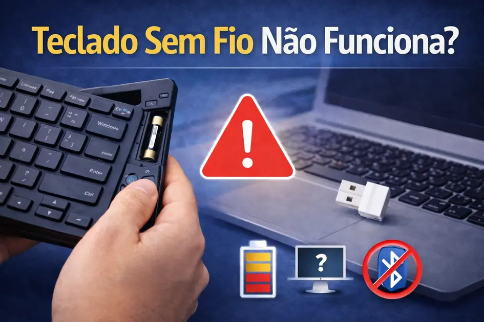 teclado sem fio não funciona mostrando bateria, receptor usb e erro de conexão no computador